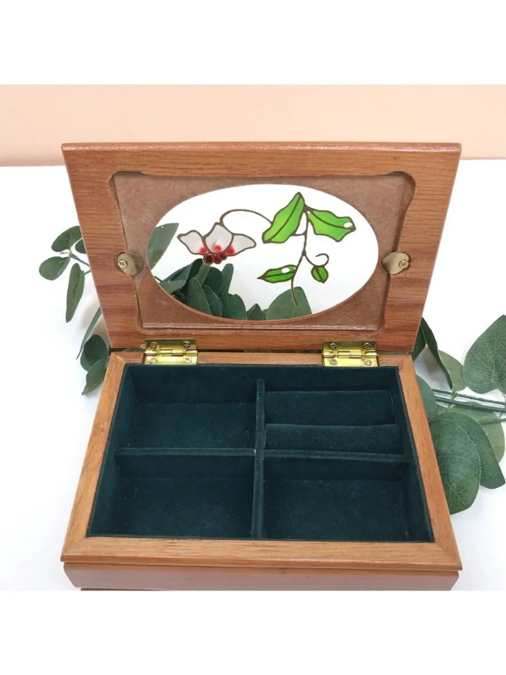 Vintage Wooden Jewelry Box Hinged Lid Stained Glass Floral Velvet Lining